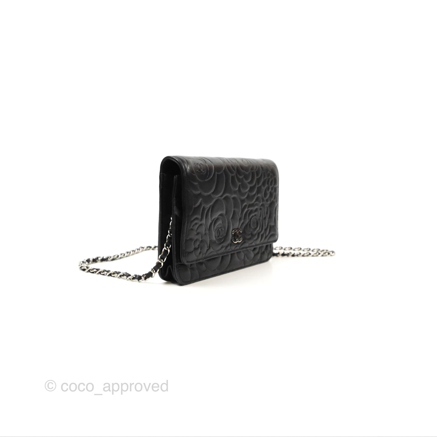Chanel Camellia Embossed Wallet on Chain WOC Black Lambskin Silver Hardware