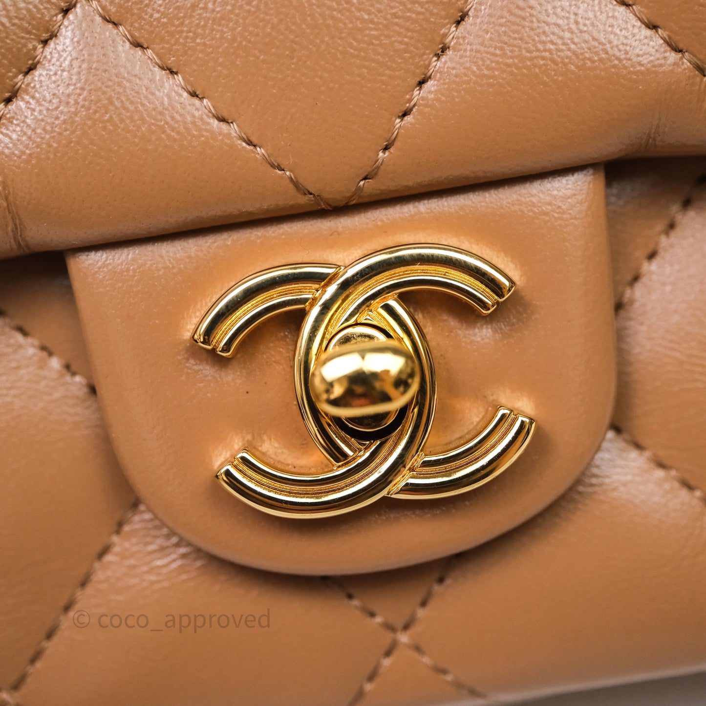 Chanel Top Handle Flap Bag Beige Lambskin Gold Hardware