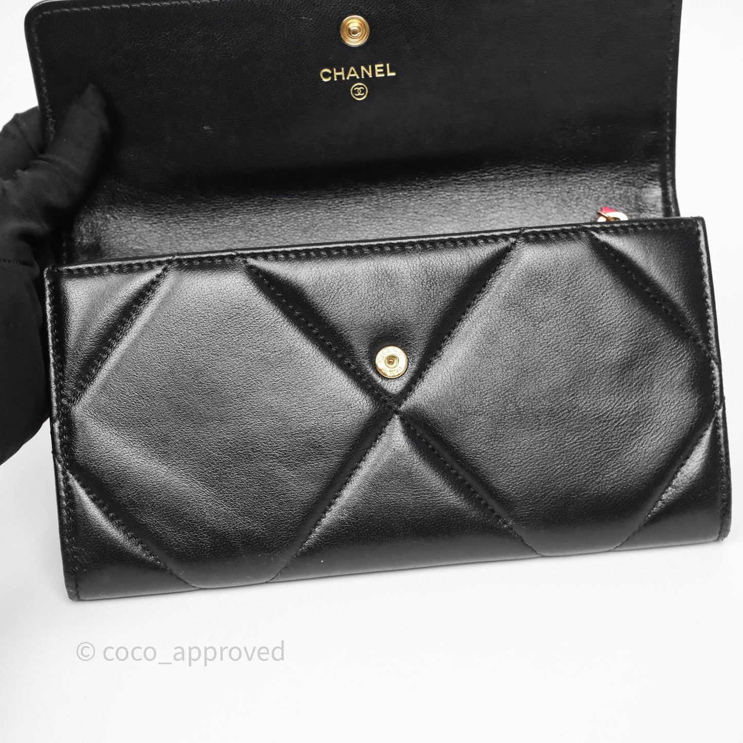 Chanel Quilted 19 Flap Long Wallet Black Lambskin Aged Gold Hardware