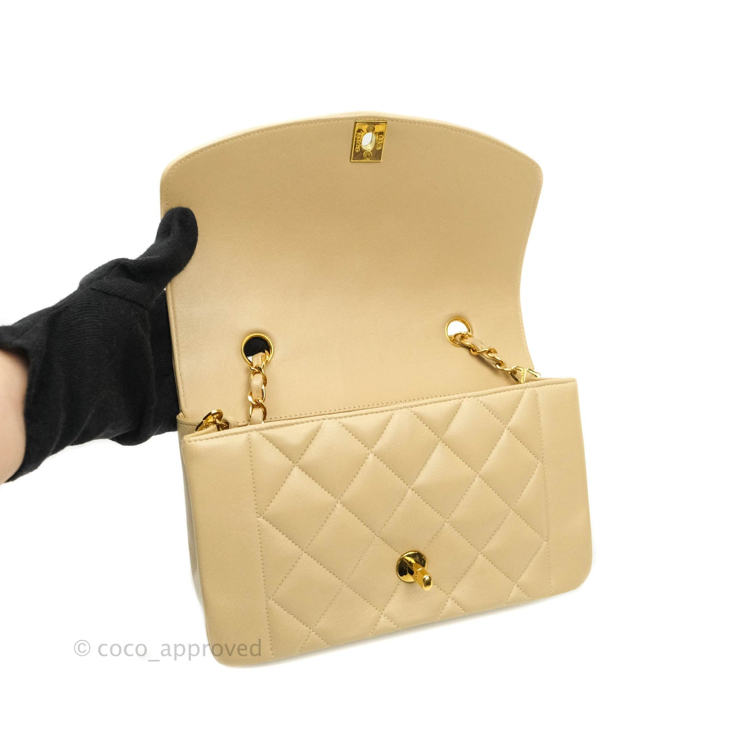 Chanel Vintage Small Quilted Classic Diana Flap Bag Beige Lambskin 24K Gold Hardware