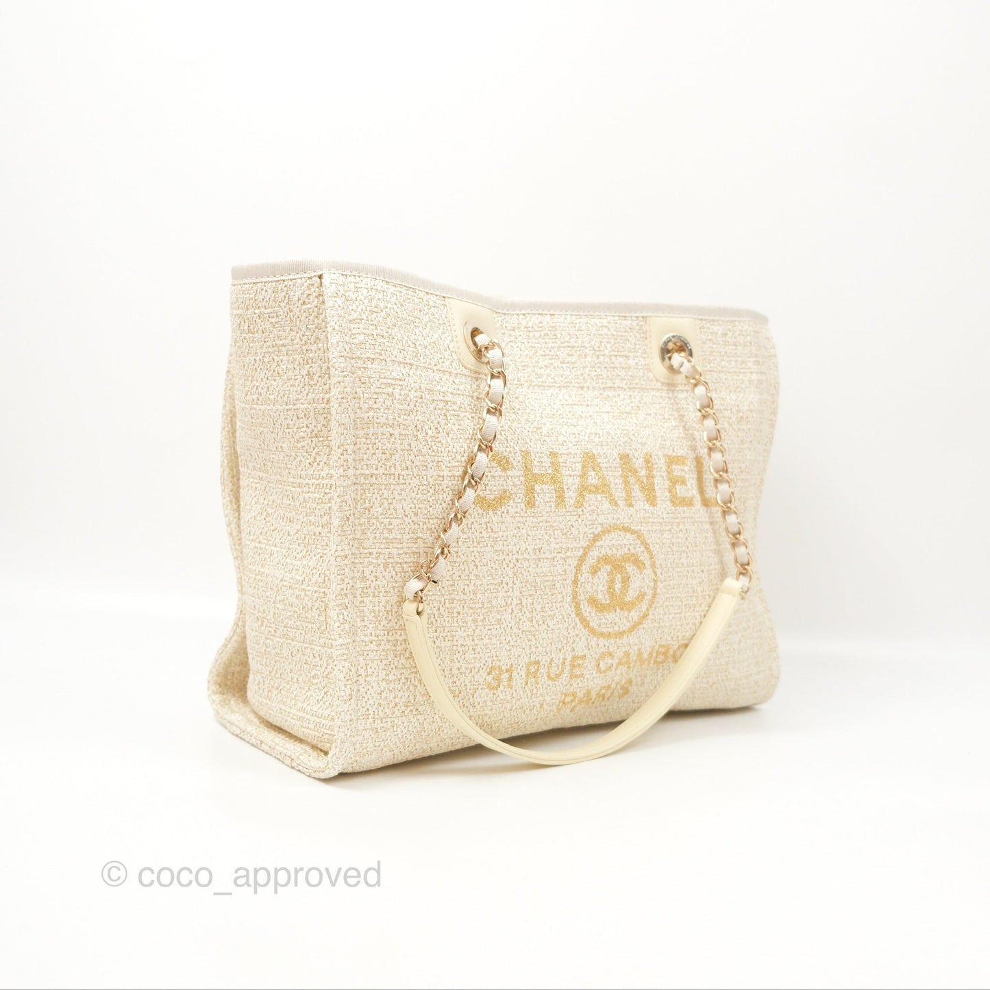 Chanel Medium Deauville Tote Ivory Lurex Boucle Gold Hardware