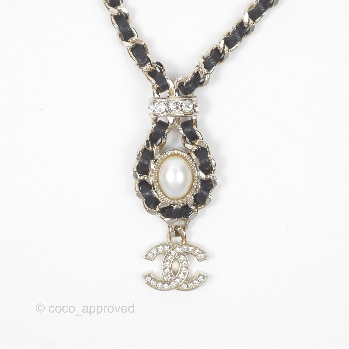 Chanel Crystal CC Pearl Braided Black Leather Drop Necklace Gold Tone 21B