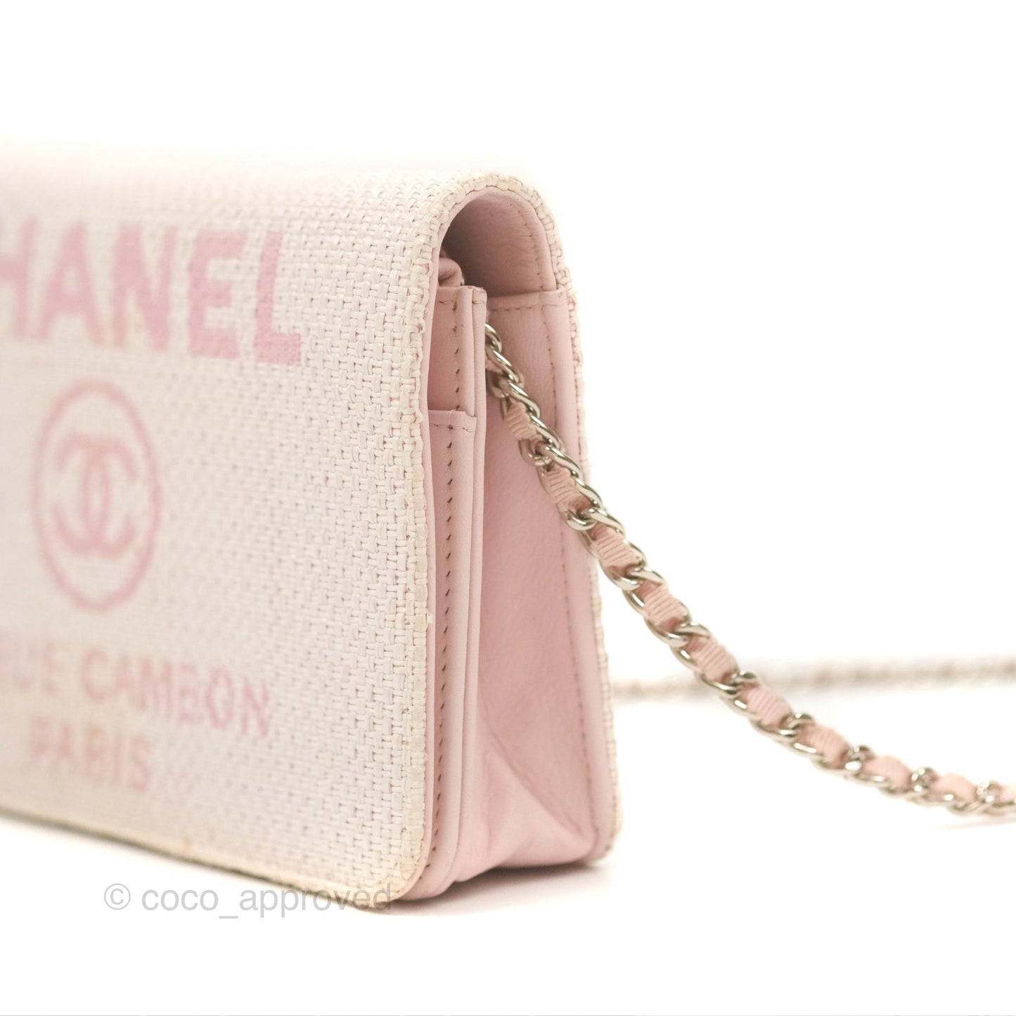 Chanel Deauville Wallet On Chain WOC Pink Canvas Silver Hardware