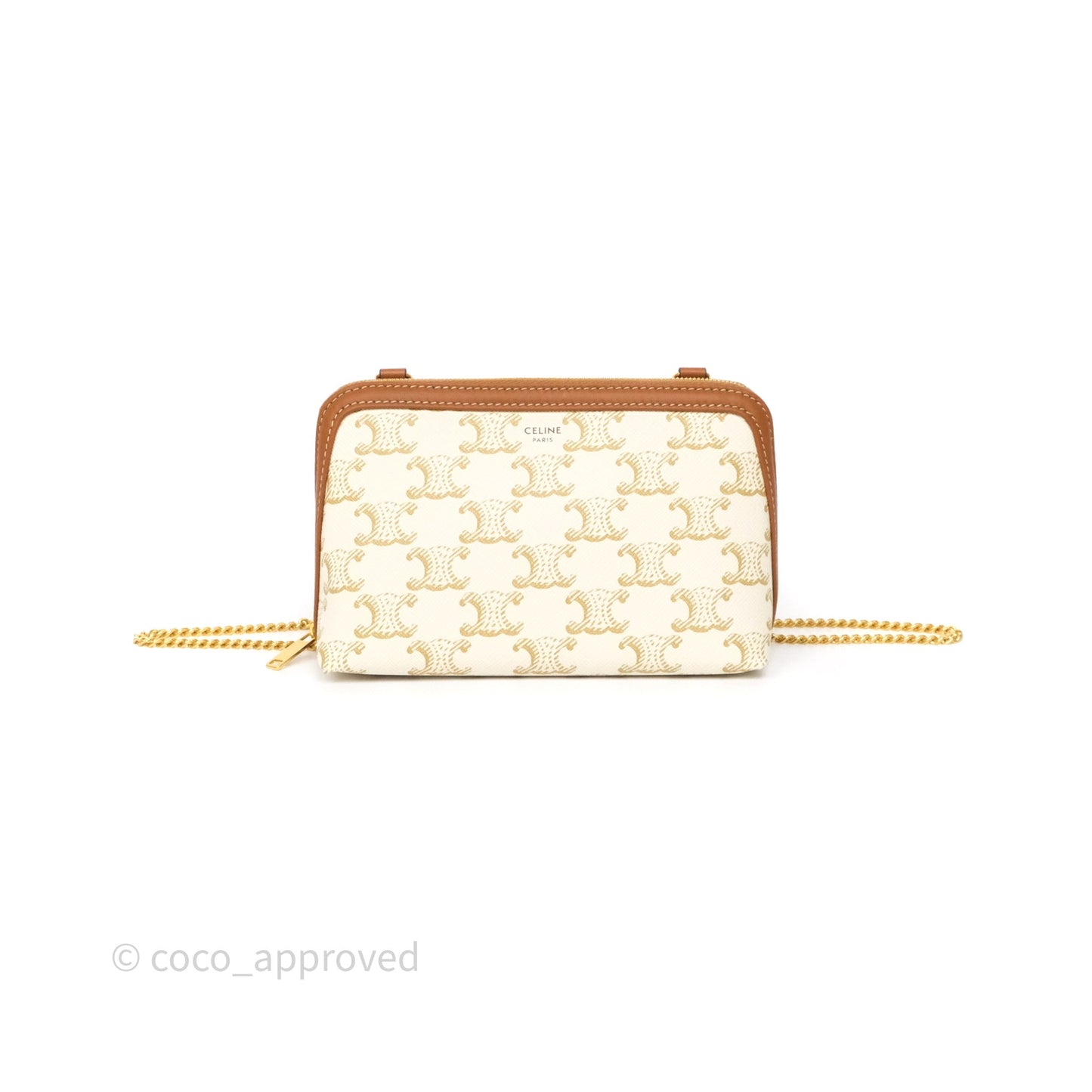 Celine Clutch With Chain Triomphe Canvas Lambskin White/Tan