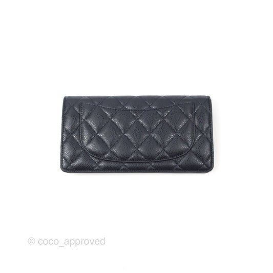 Chanel Classic Quilted Long Wallet Navy Caviar Silver Hardware