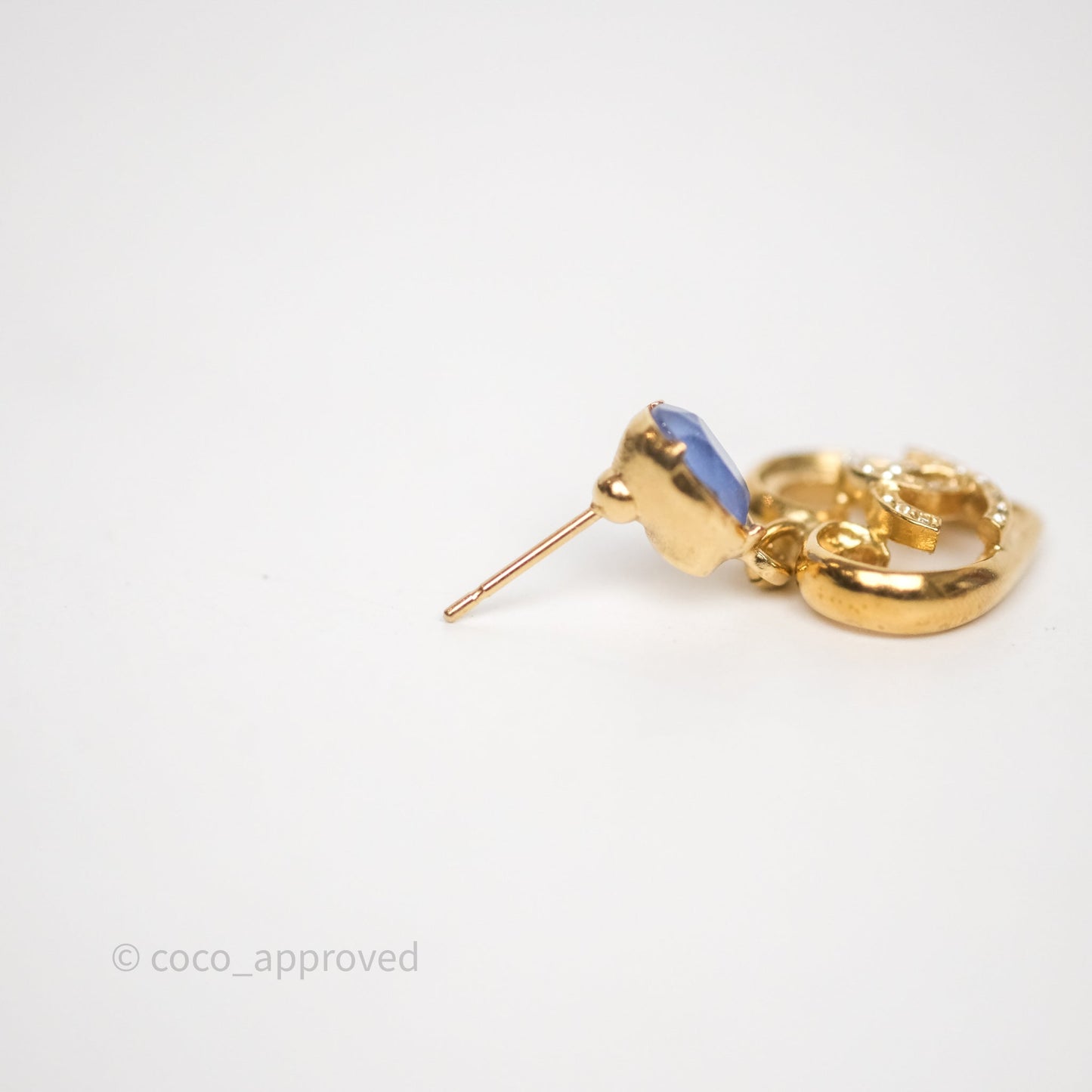 Chanel Oval Blue Resin Heart CC Drop Earrings Gold Tone 23C
