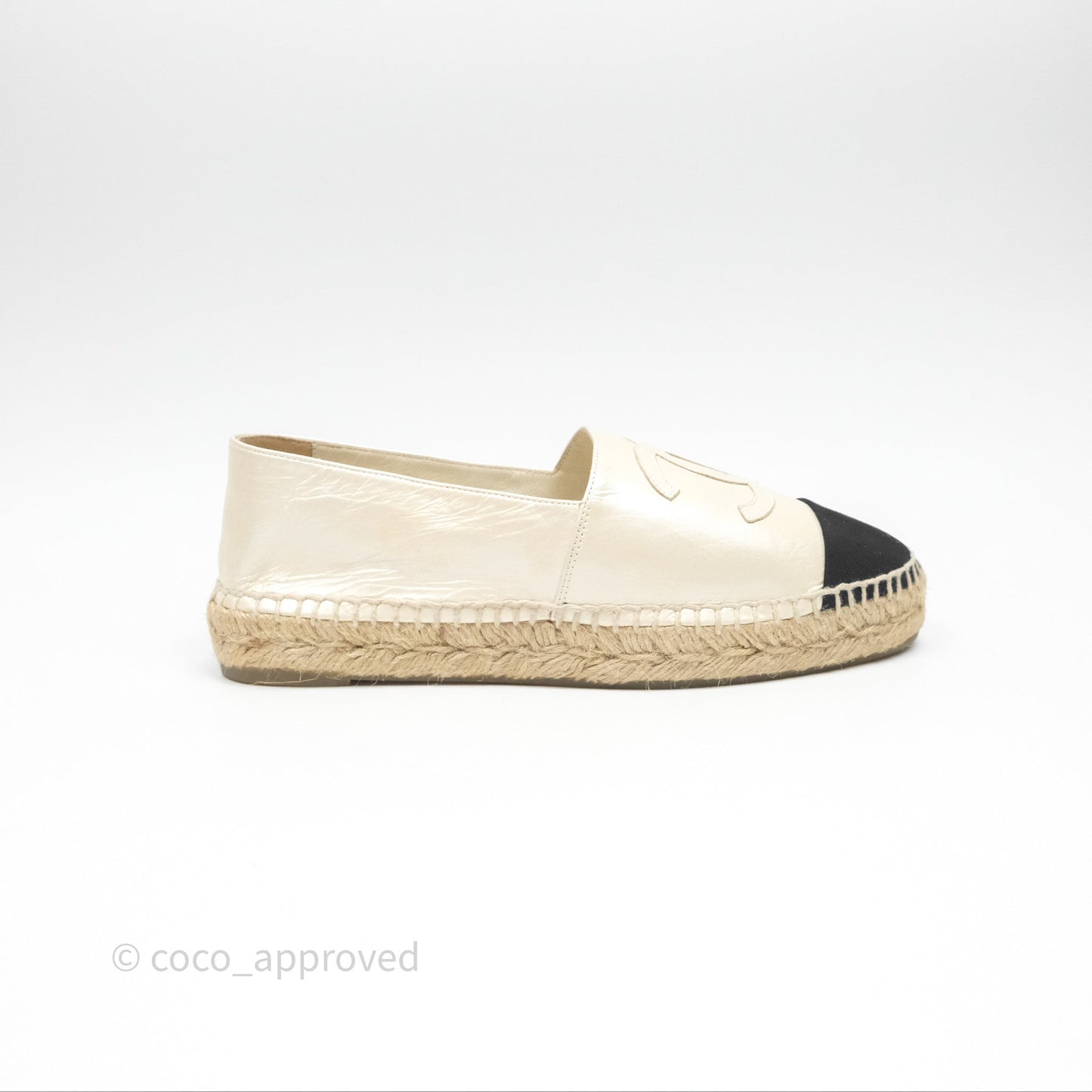 Chanel CC Espadrilles Pearly Ivory Black Leather Size 37