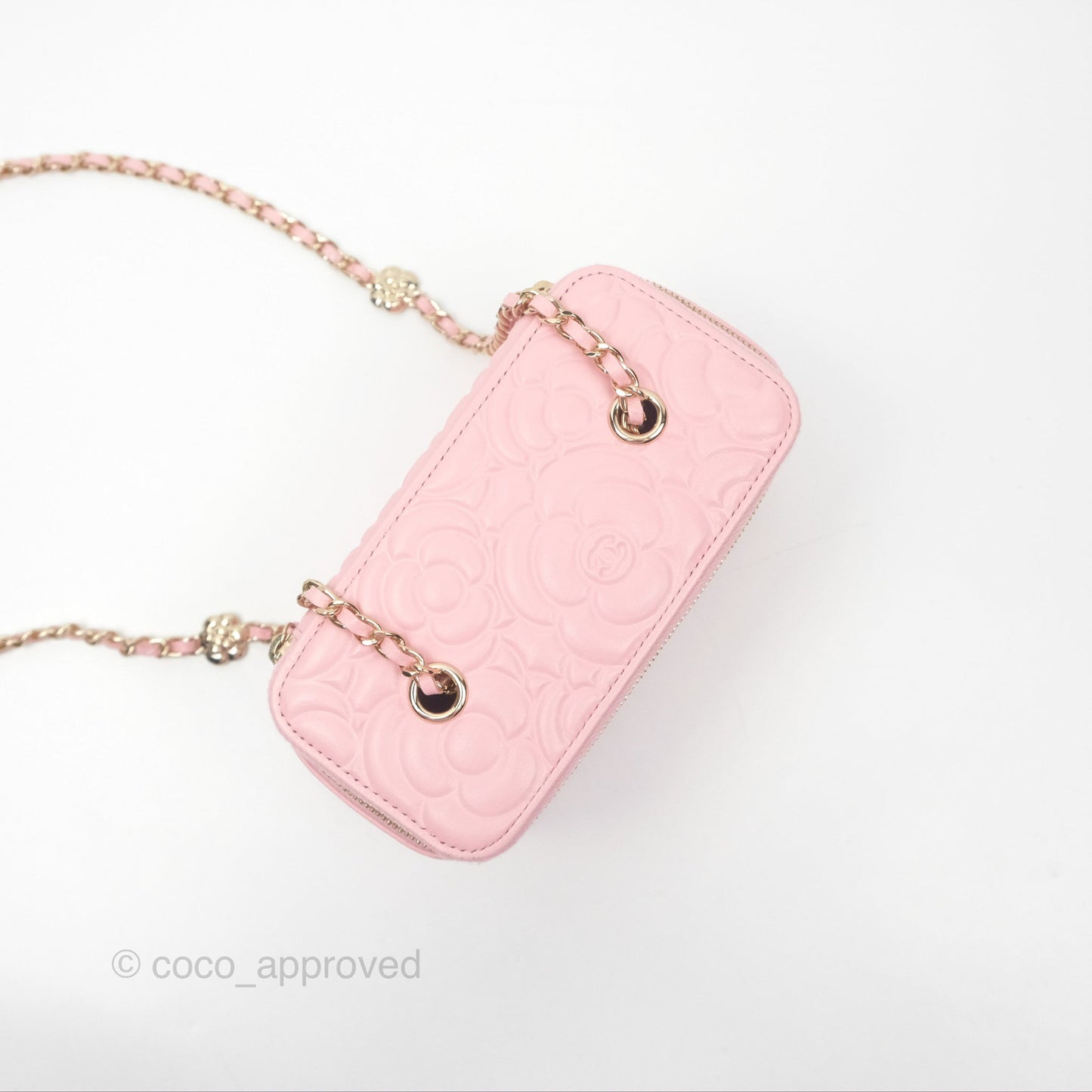 Chanel Vanity with Chain Camellia Embossed Pink Lambskin Gold Hardware