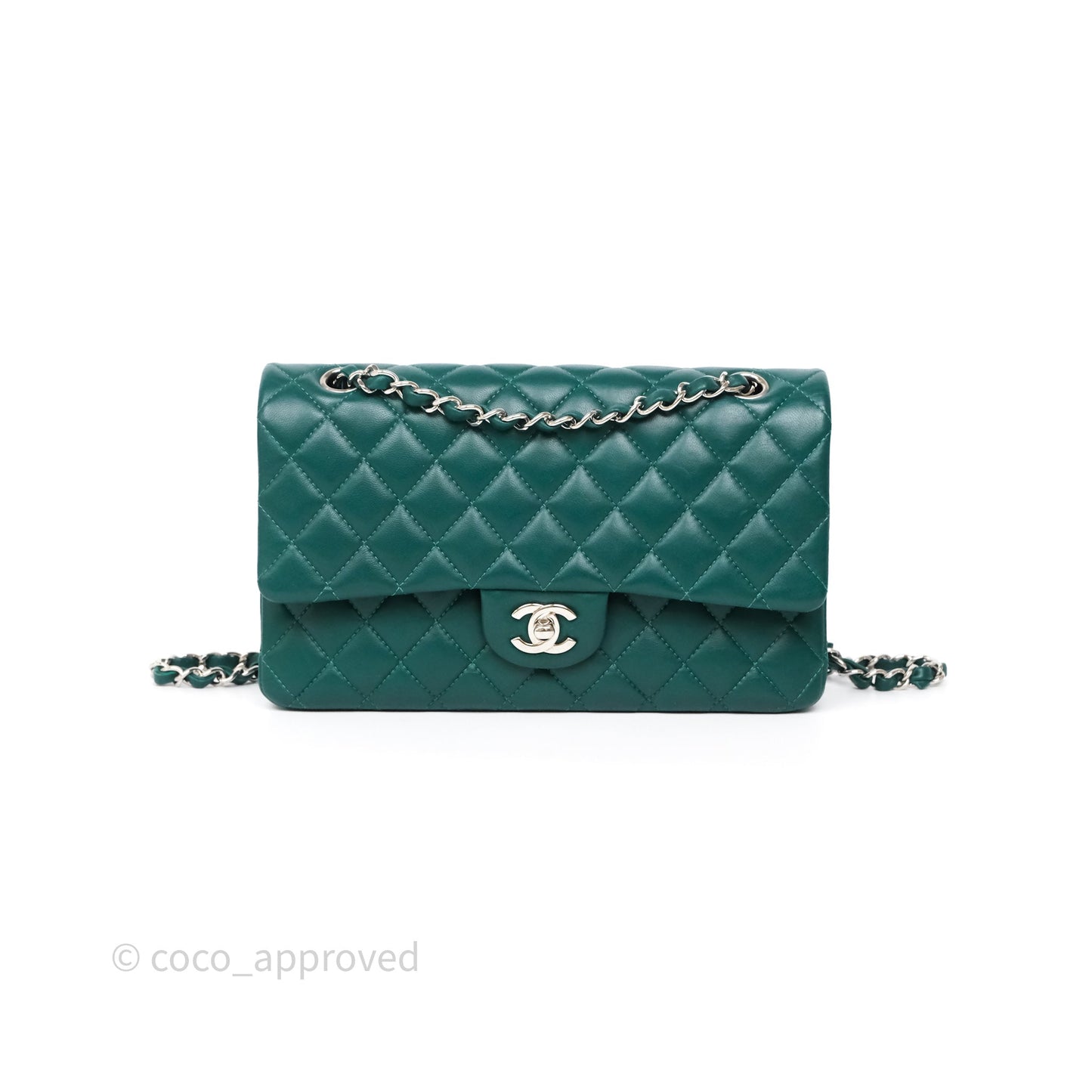 Chanel Medium Classic Flap Quilted Dark Green Lambskin Silver Hardware
