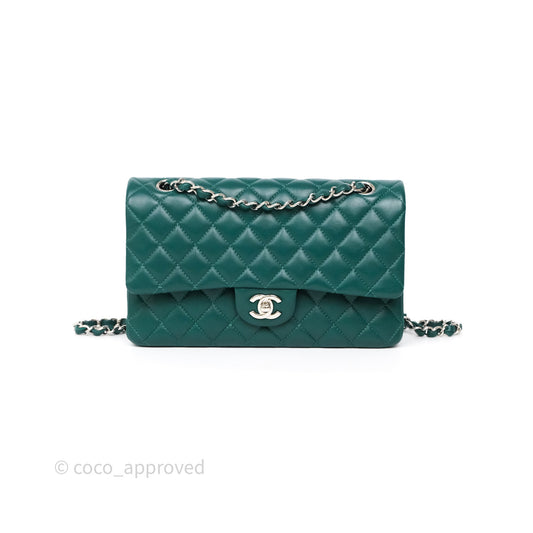 Chanel Medium Classic Flap Quilted Dark Green Lambskin Silver Hardware