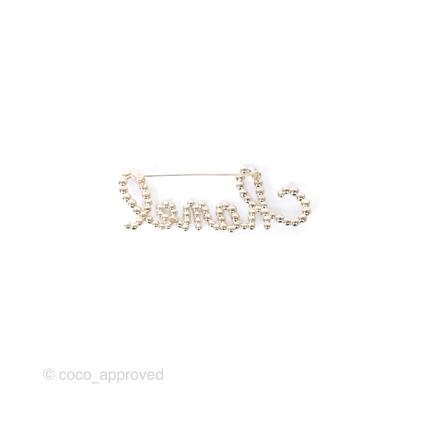 Chanel Logo Pearl Crystal Brooch Gold Tone 20V