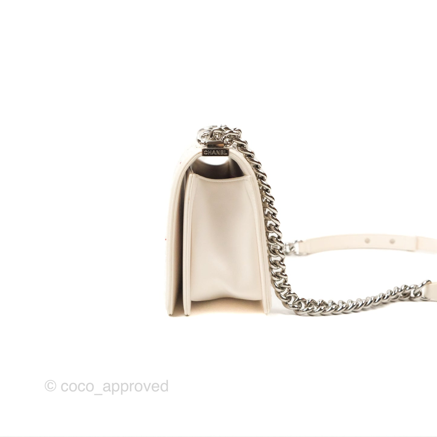 Chanel Medium Boy Sequins Quilted White Lambskin Silver Hardware