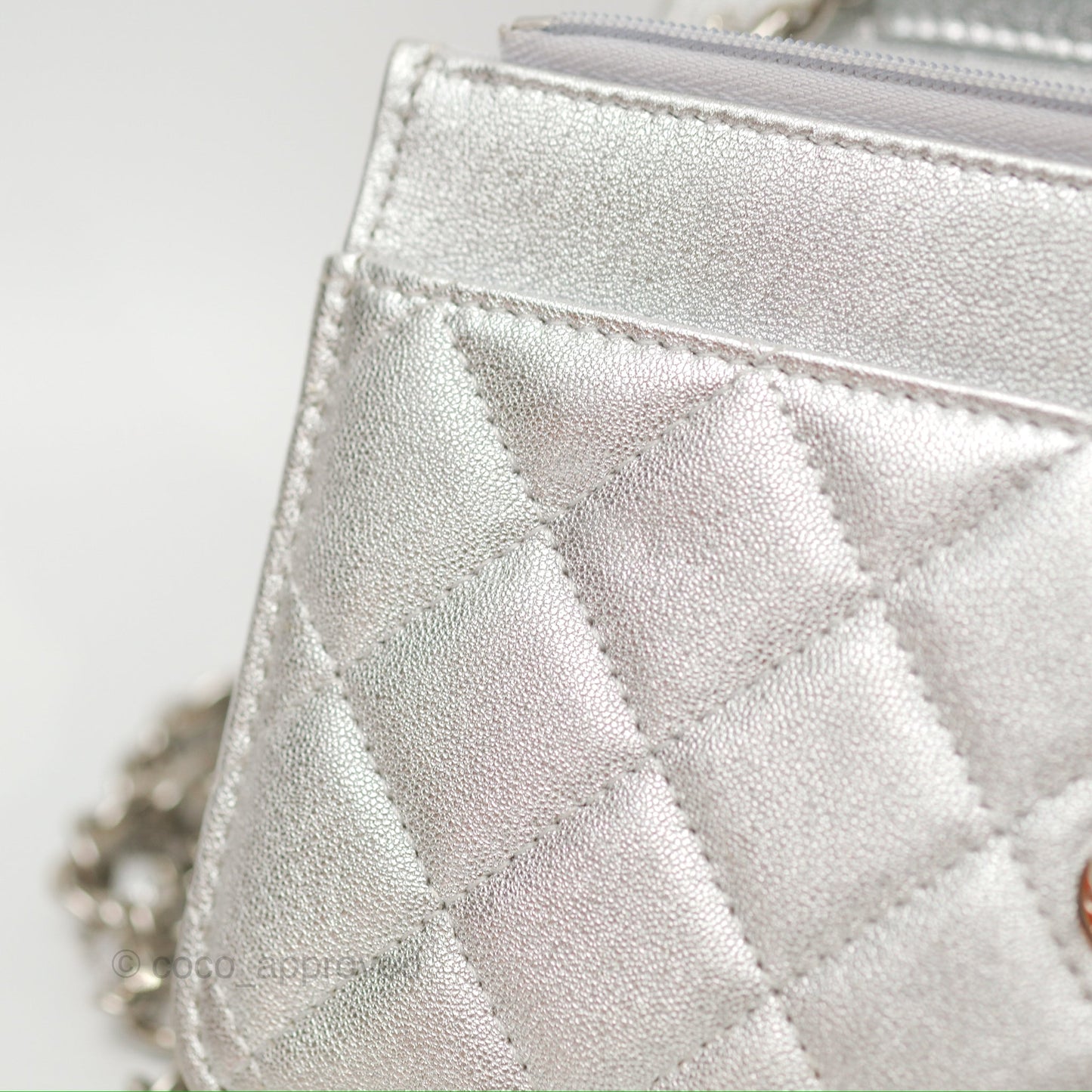 Chanel Quilted Wallet on Chain WOC Iridescent Silver Grained Lambskin Silver Hardware