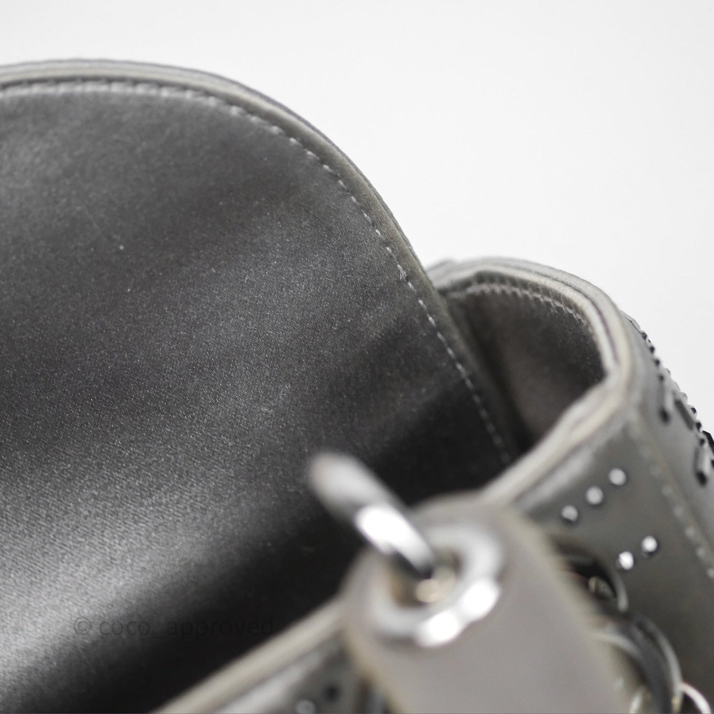 Christian Dior Mini Lady Dior Bag Grey Strass Cannage Satin Silver Hardware