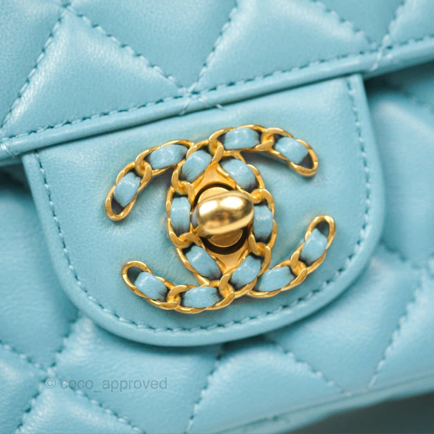 Chanel Flap Bag with Crystal Logo Top Handle Tiffany Blue Lambskin Aged Gold Hardware