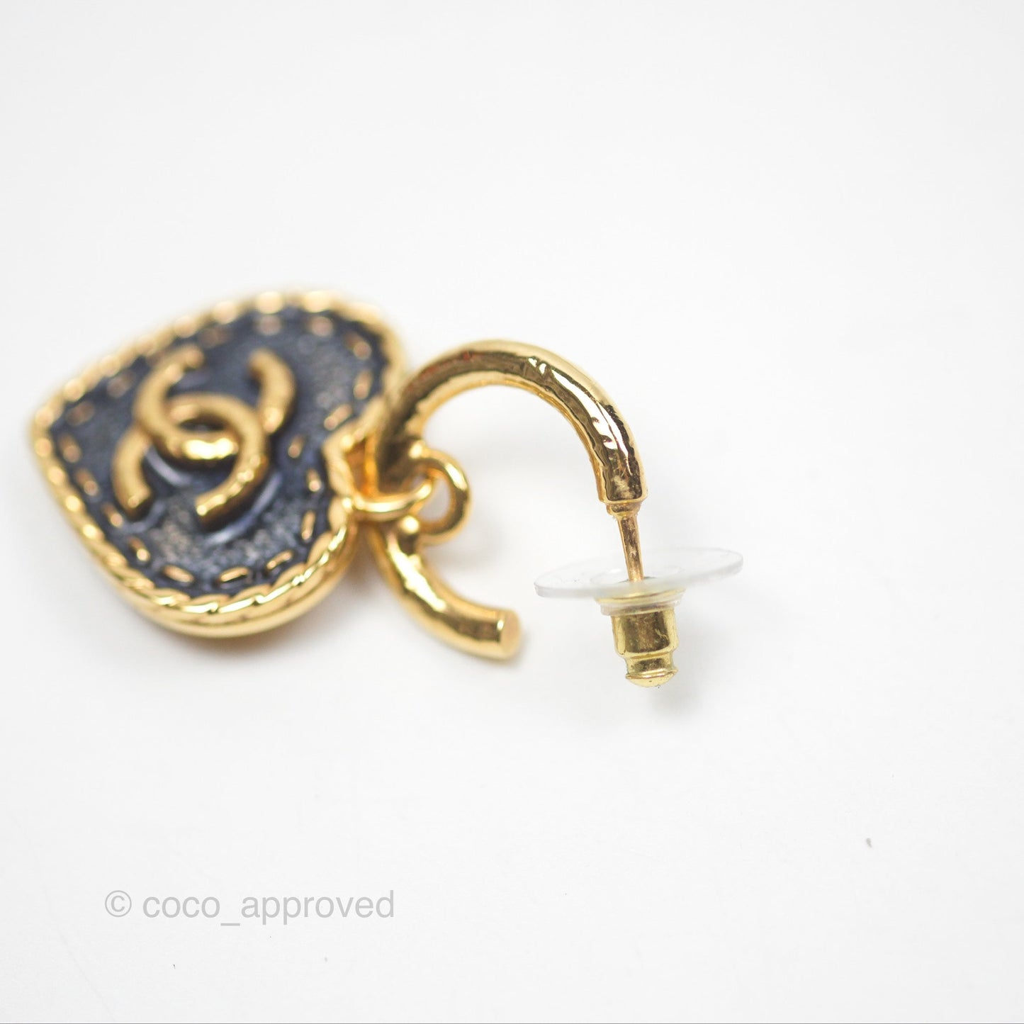 Chanel CC Navy Heart Drop Hoop Earrings Gold Tone 24P