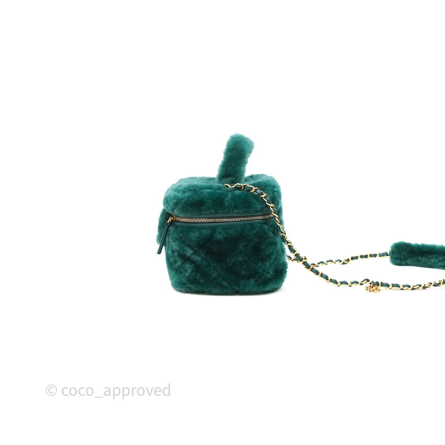 Chanel Small Vanity Case Green Shearling Aged Gold Hardware 22A