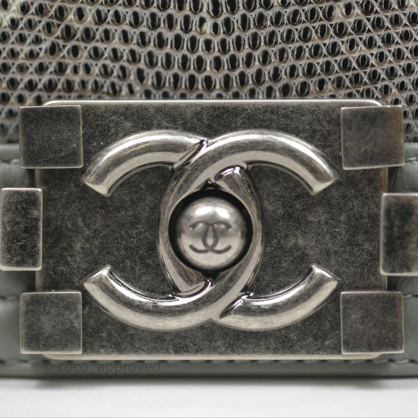 Chanel Small Boy Quilted Bag Grey Lizard Calfskin Ruthenium Hardware