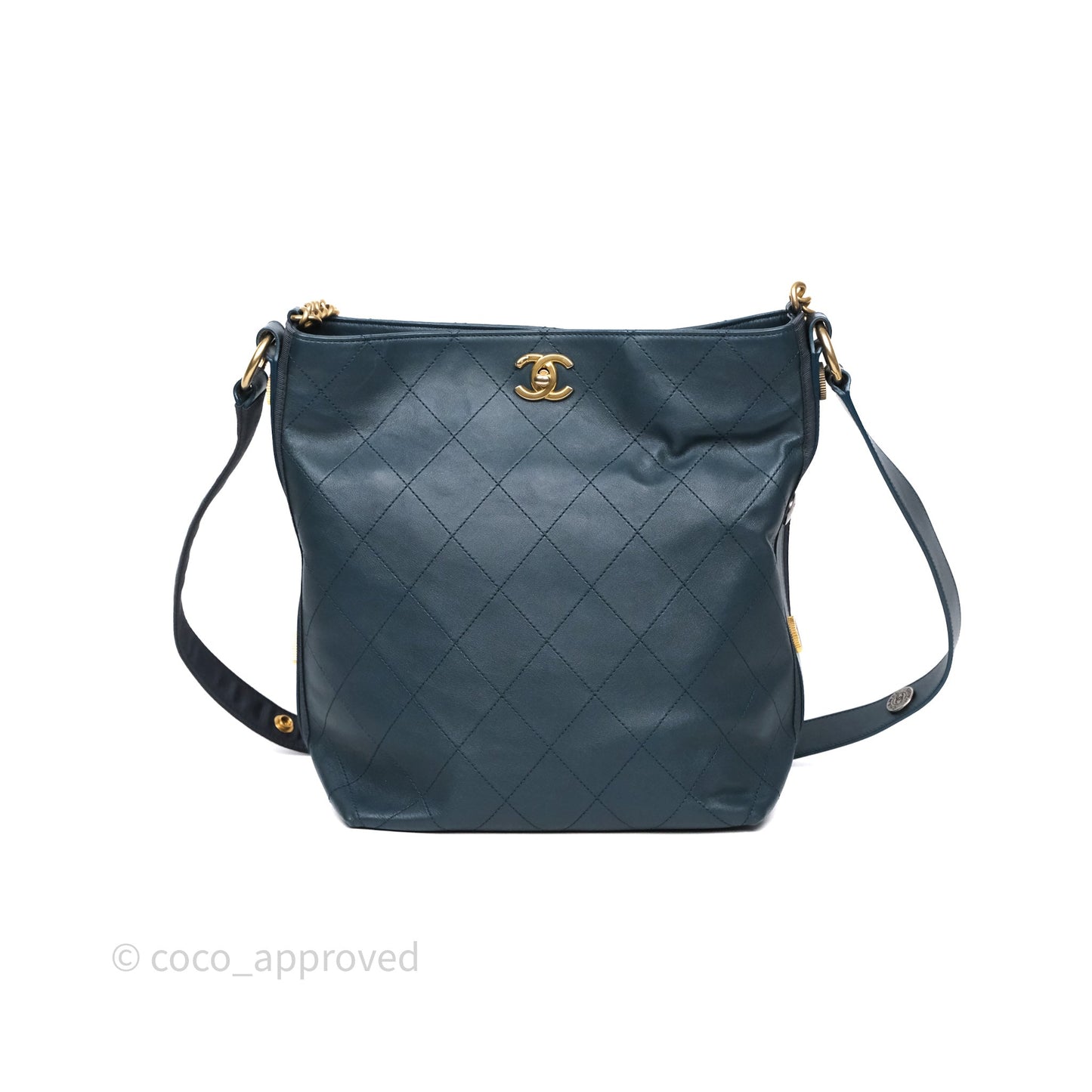 Chanel Button Up Hobo Bag Quilted Teal Calfskin Aged Gold Hardware