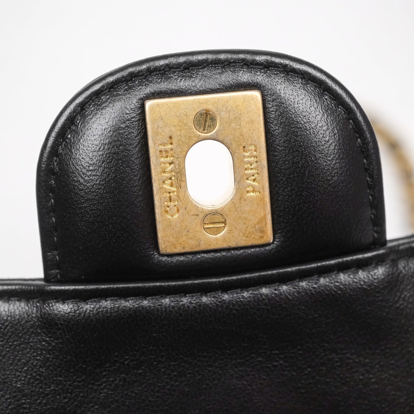 Chanel Mini Square Flap Chevron Black Lambskin Aged Gold Hardware