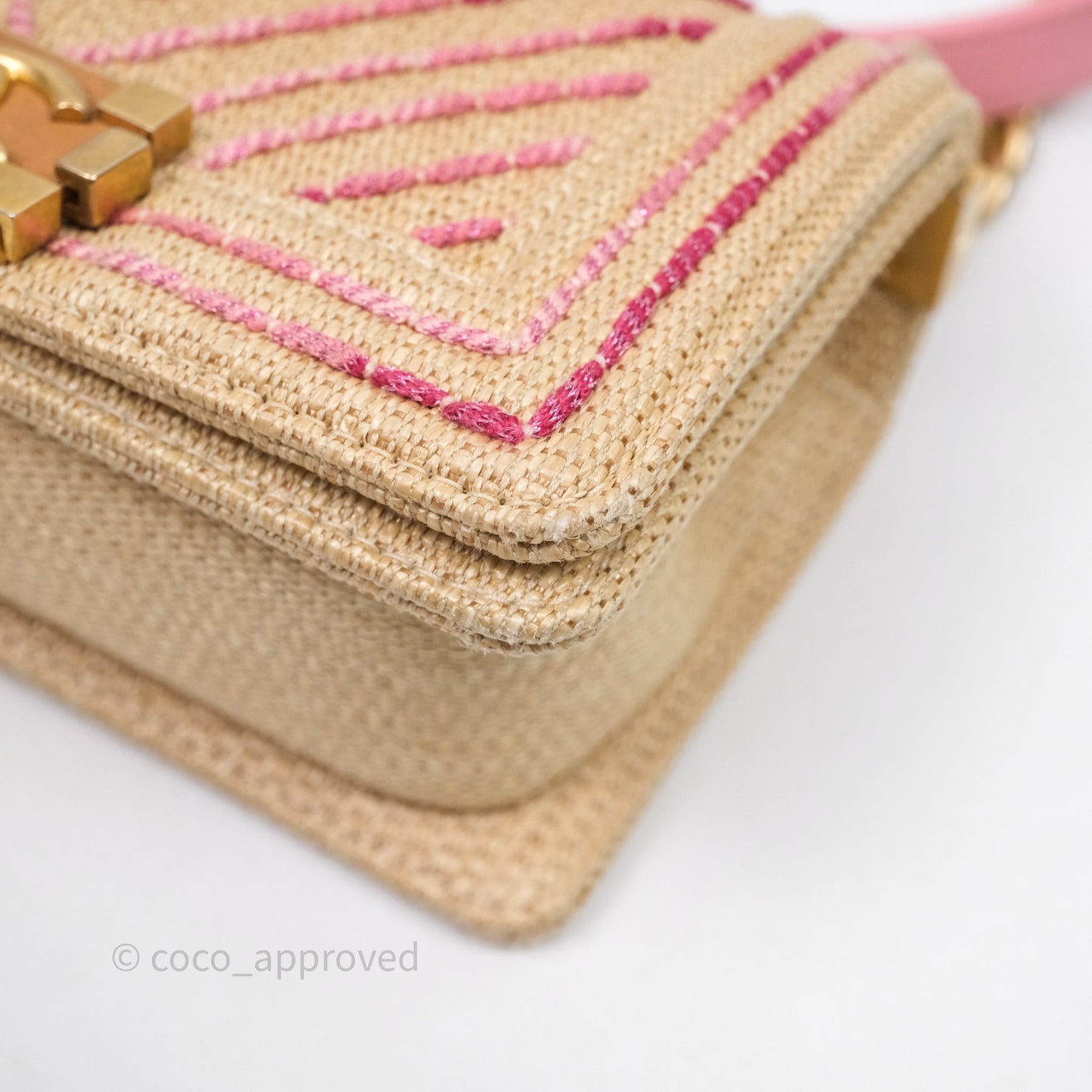 Chanel Small Boy Chevron Raffia Metallic Pink Aged Gold Hardware