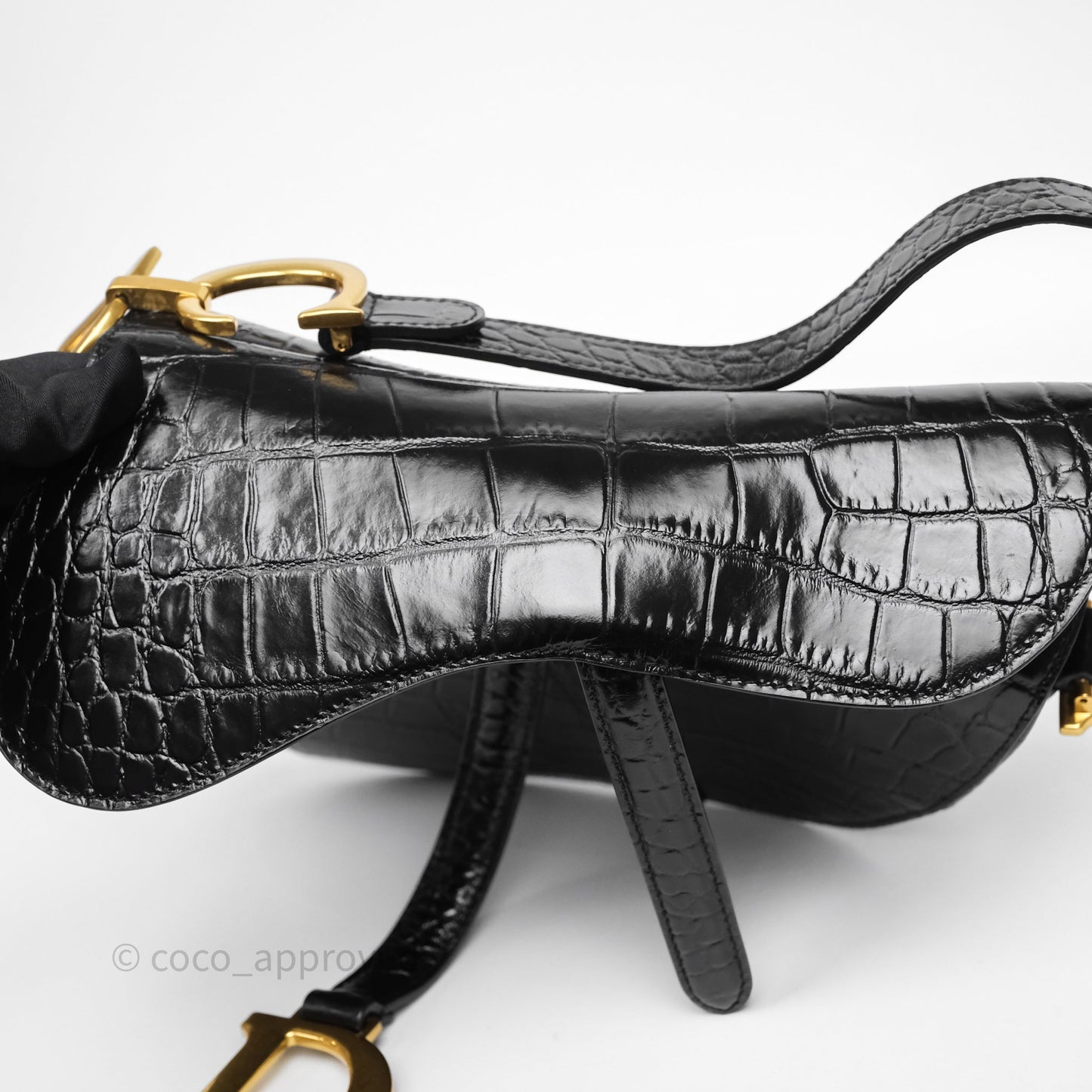 Christian Dior Saddle Bag Black Shiny Crocodile Gold Hardware