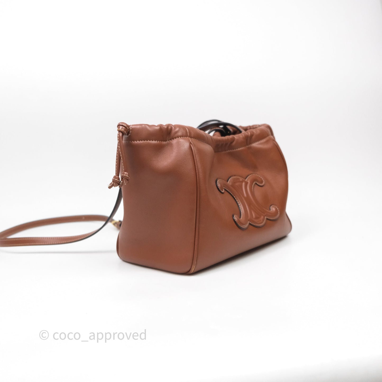 Celine Drawstring Cabas Tote Bag Triomphe in Grained Calfskin Tan