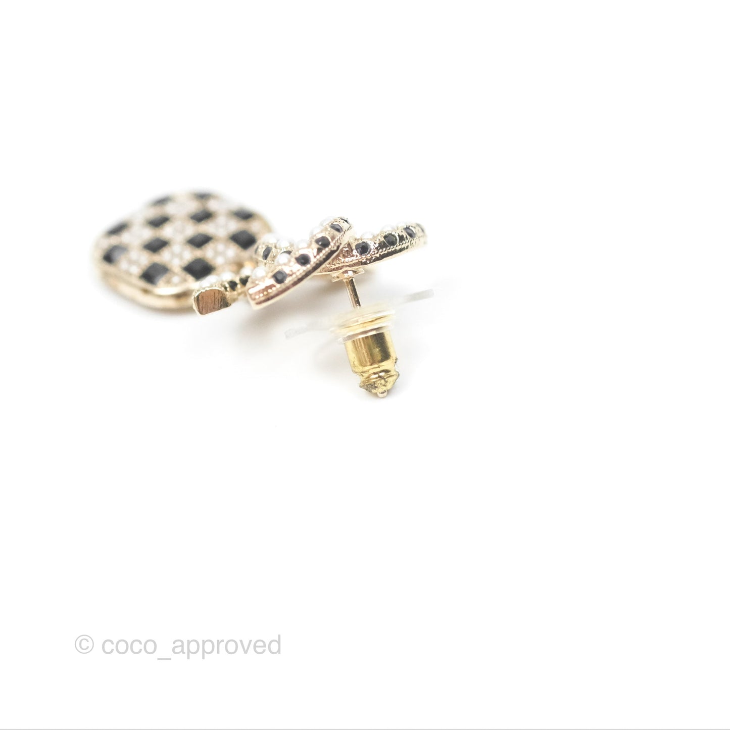 Chanel CC Pearl Black Resin Drop Earrings Gold Tone 21A