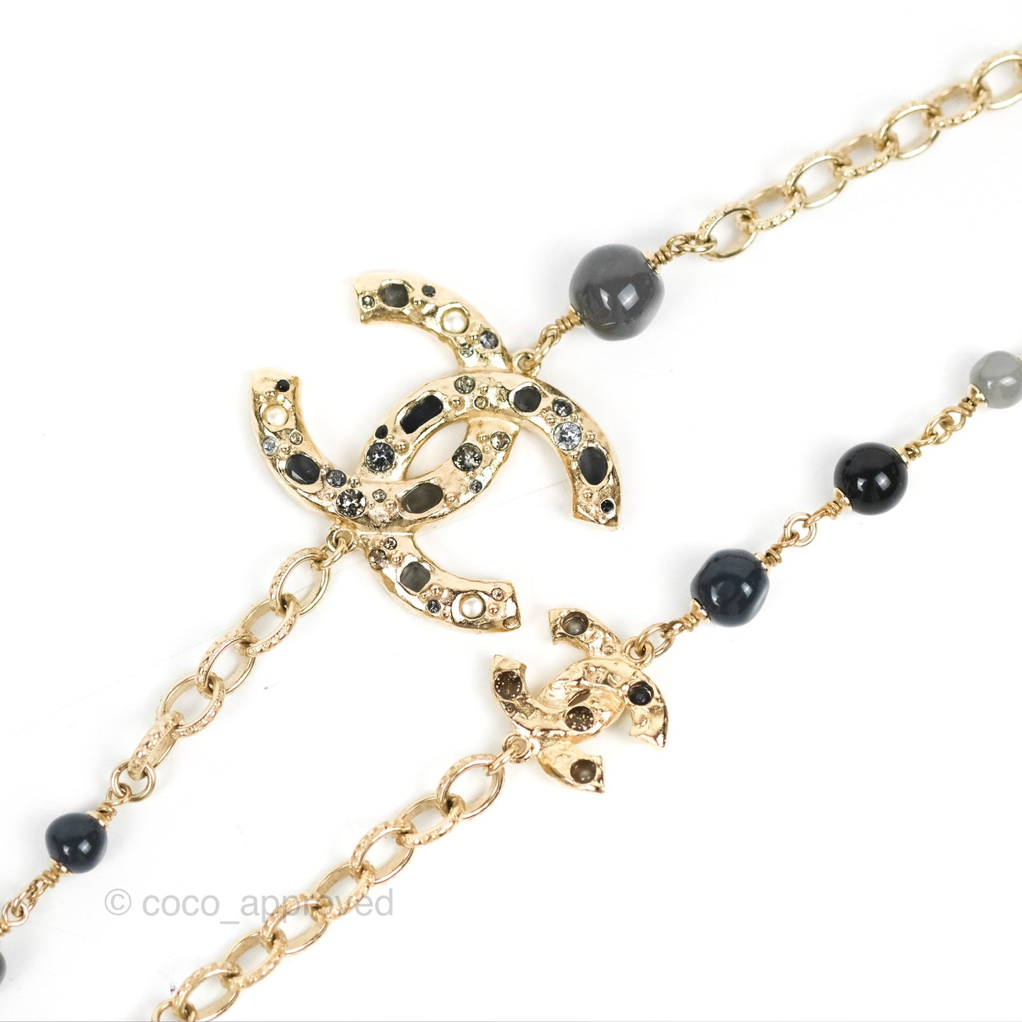 Chanel CC Pearl Gemstone Chain Long Necklace Gold Tone 16A