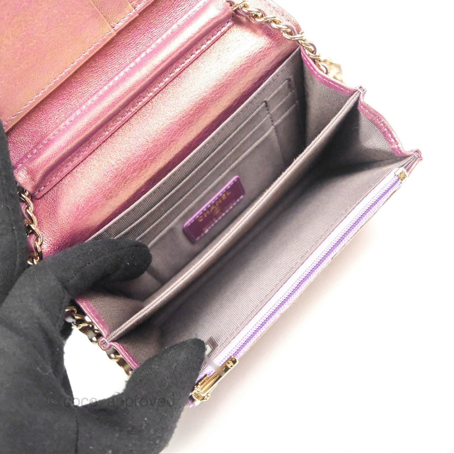 Chanel Quilted Mini Wallet on Chain WOC Iridescent Purple Gold Hardware