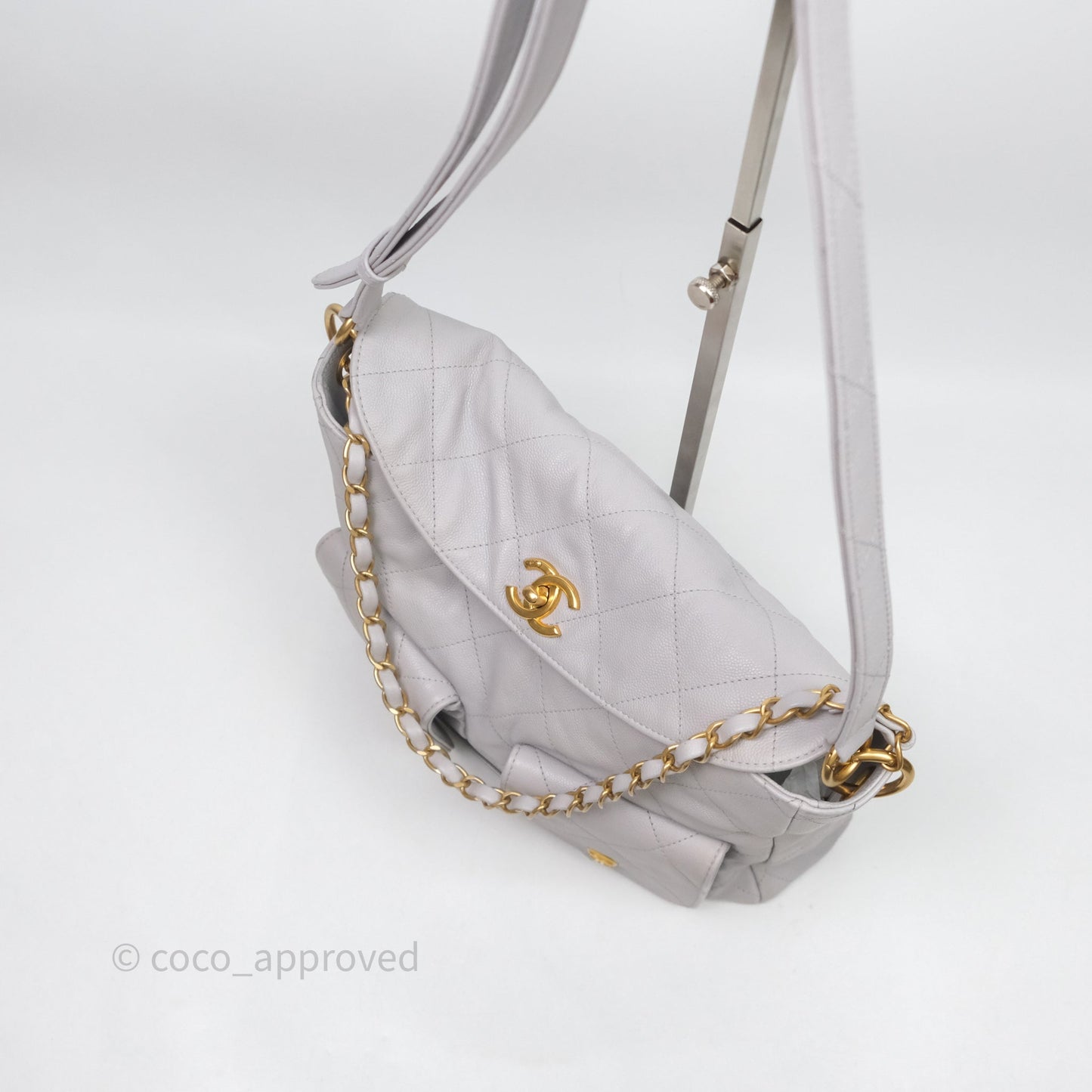 Chanel Double Pocket Hobo Bag Grey Caviar Aged Gold Hardware
