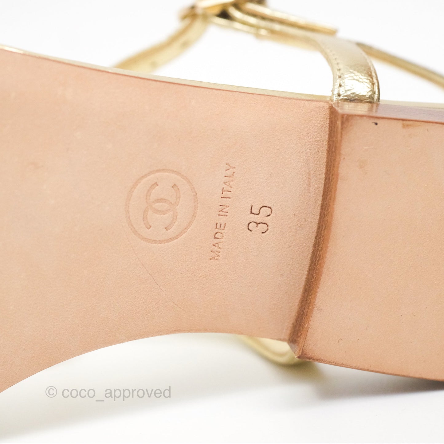 Chanel CC  Gold Metallic Leather Stone Thong Sandals Size 35