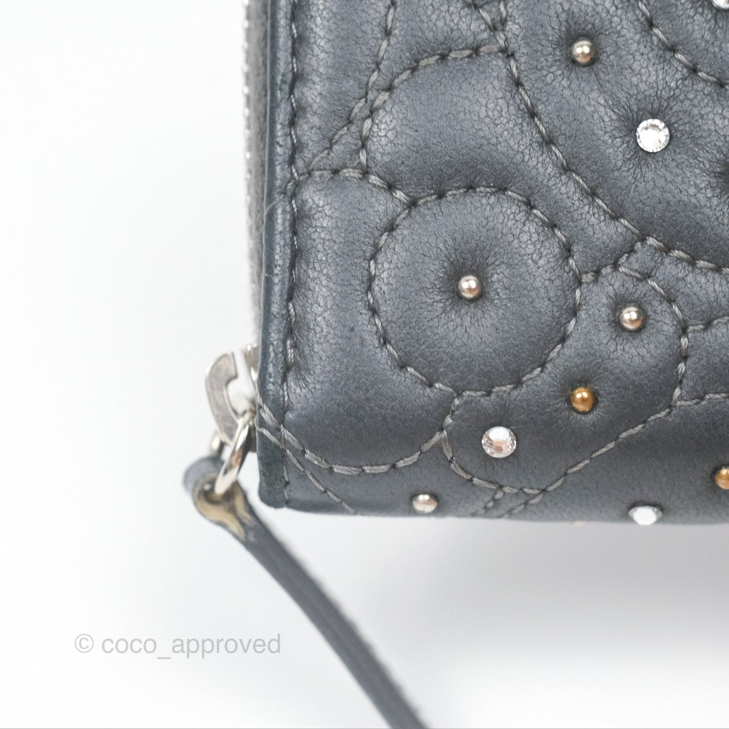 Chanel Camellia Crystal Studded Zipped Coin Purse Grey Silver Hardware