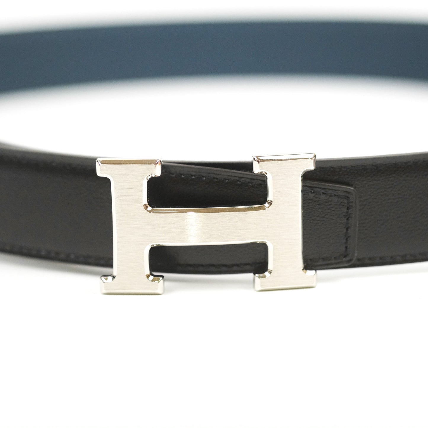 Hermès H Silver Belt Buckle & Reversible Blue Black