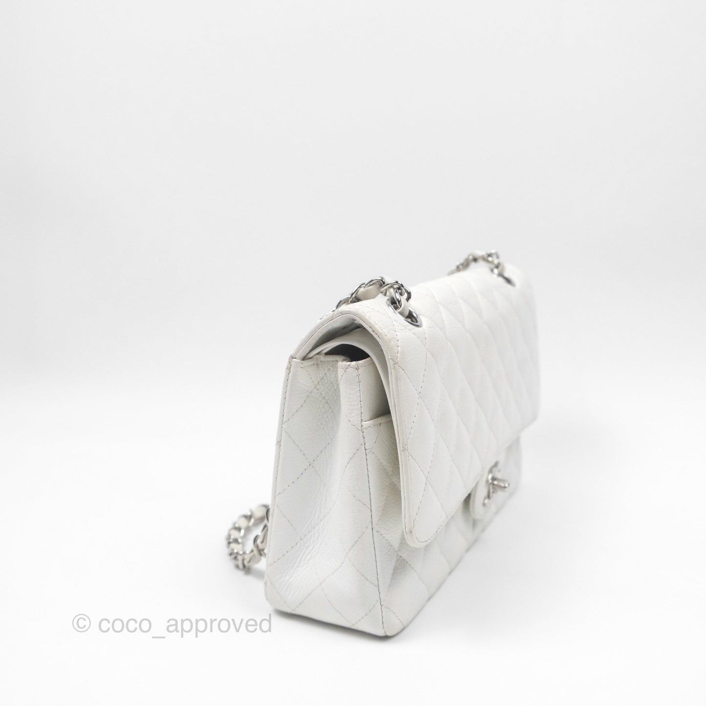 Chanel Classic M/L Medium Flap Quilted White Caviar Silver Hardware
