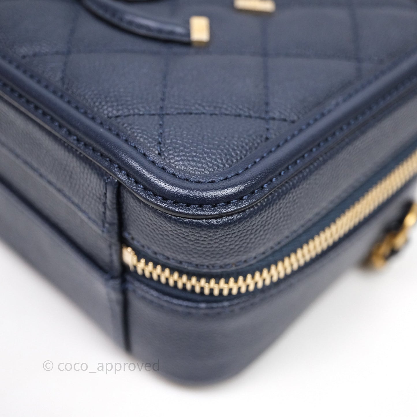 Chanel Quilted Small CC Filigree Vanity Case Navy Caviar Gold Hardware