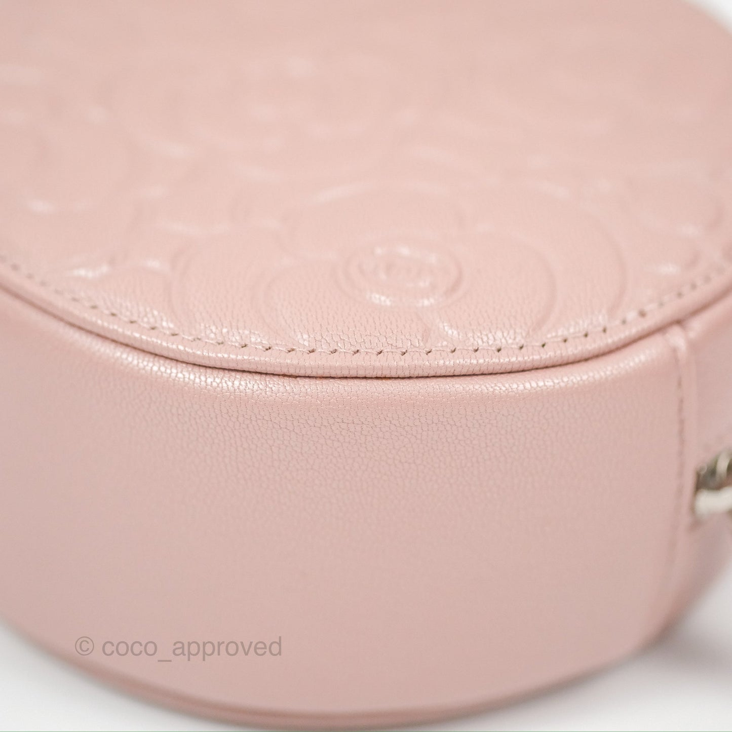 Chanel Camellia Embossed Round Clutch With Chain Iridescent Light Pink Goatskin Silver Hardware