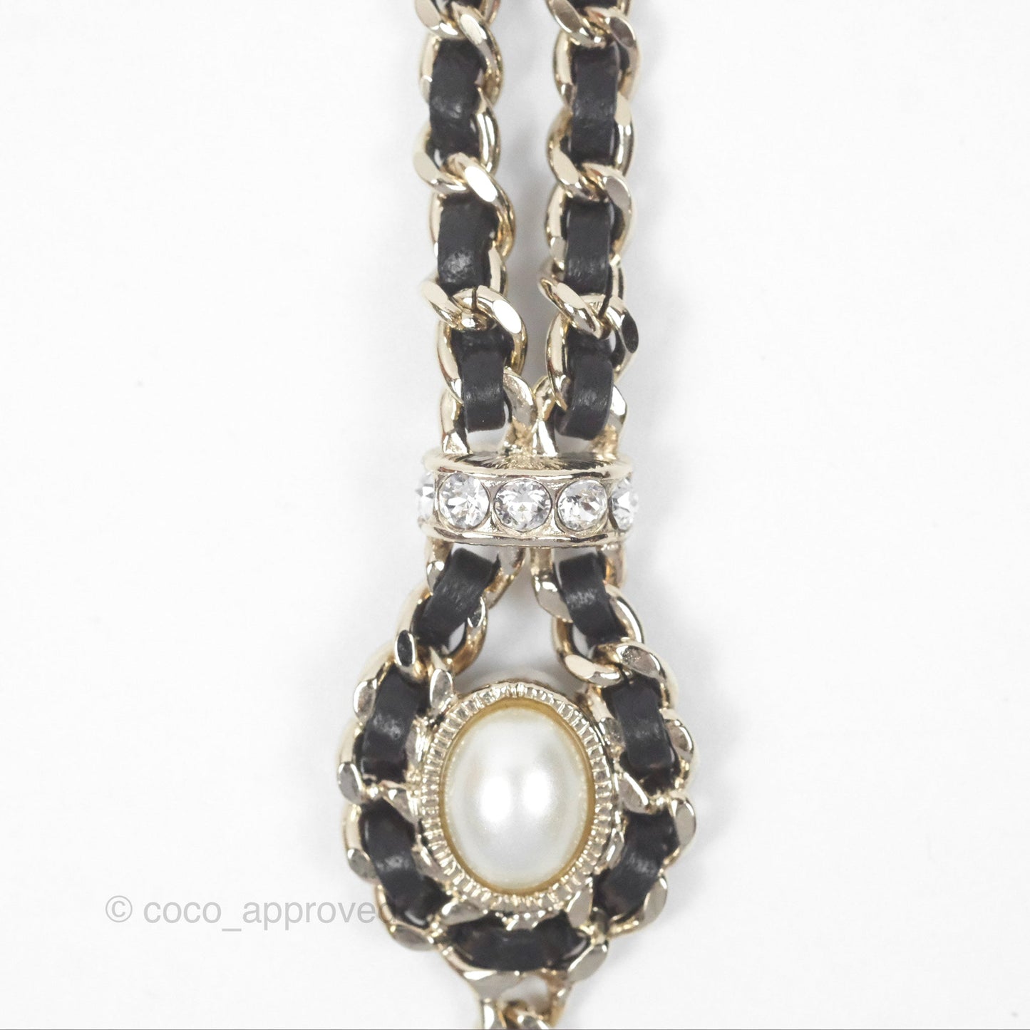 Chanel Crystal CC Pearl Braided Black Leather Drop Necklace Gold Tone 21B