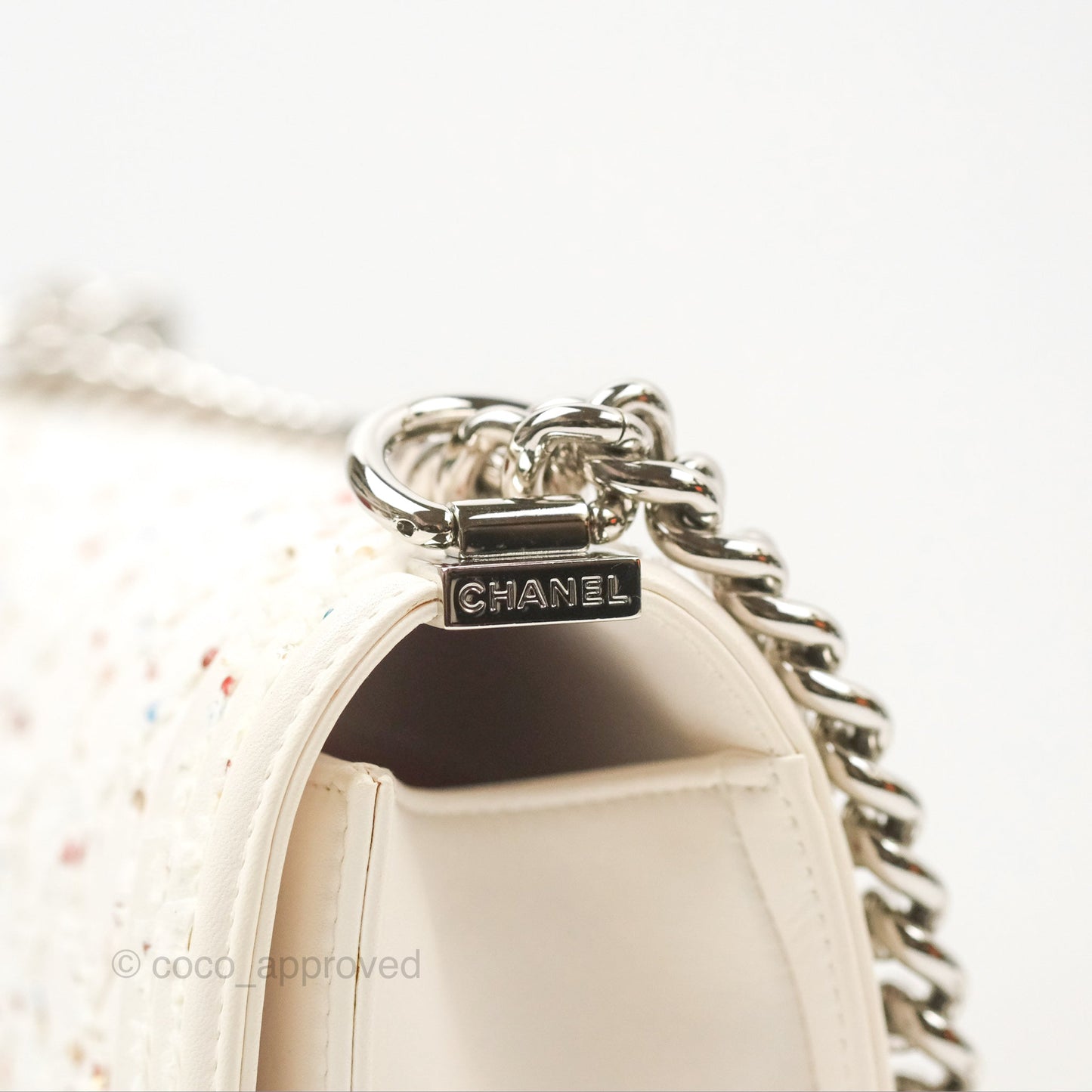 Chanel Medium Boy Sequins Quilted White Lambskin Silver Hardware
