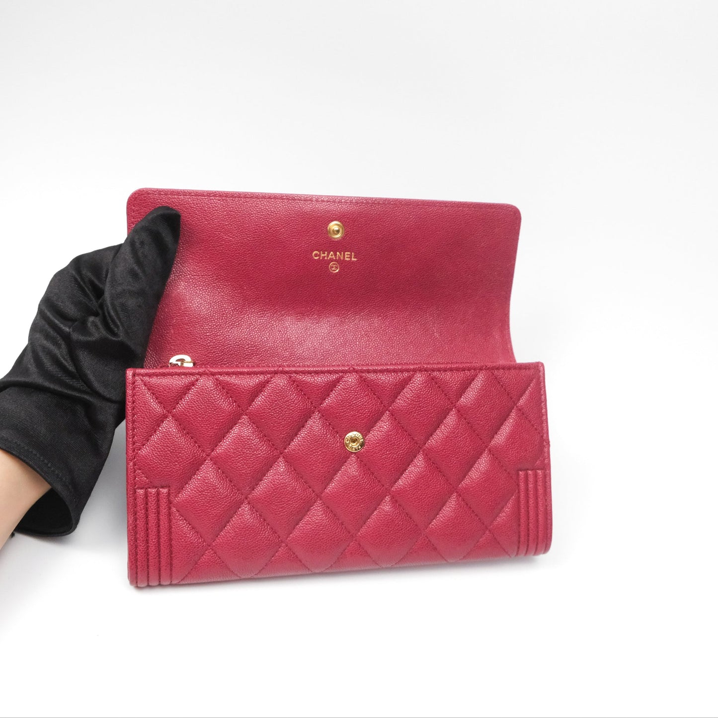 Chanel Quilted Boy Flap Long Wallet Dark Red Caviar Aged Gold Hardware
