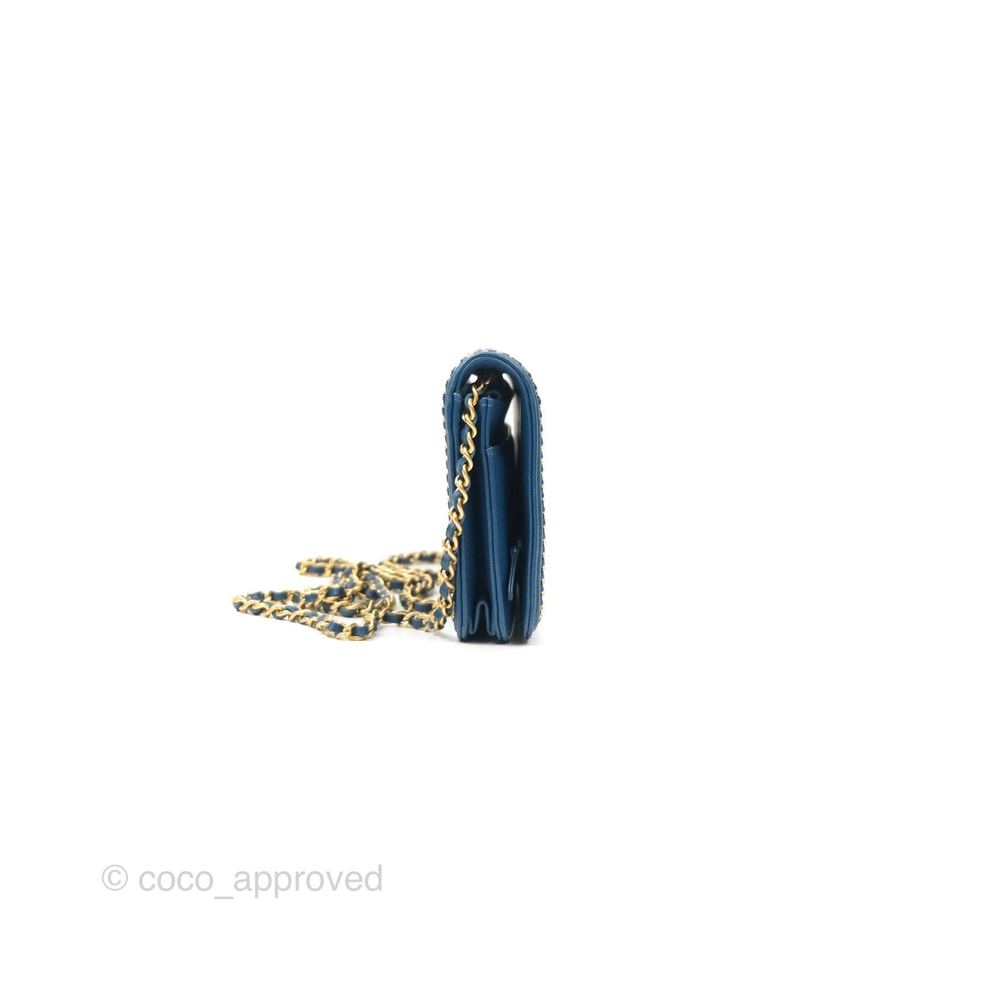 Chanel Quilted Boy Wallet on Chain WOC Blue Calfskin Aged Gold Hardware