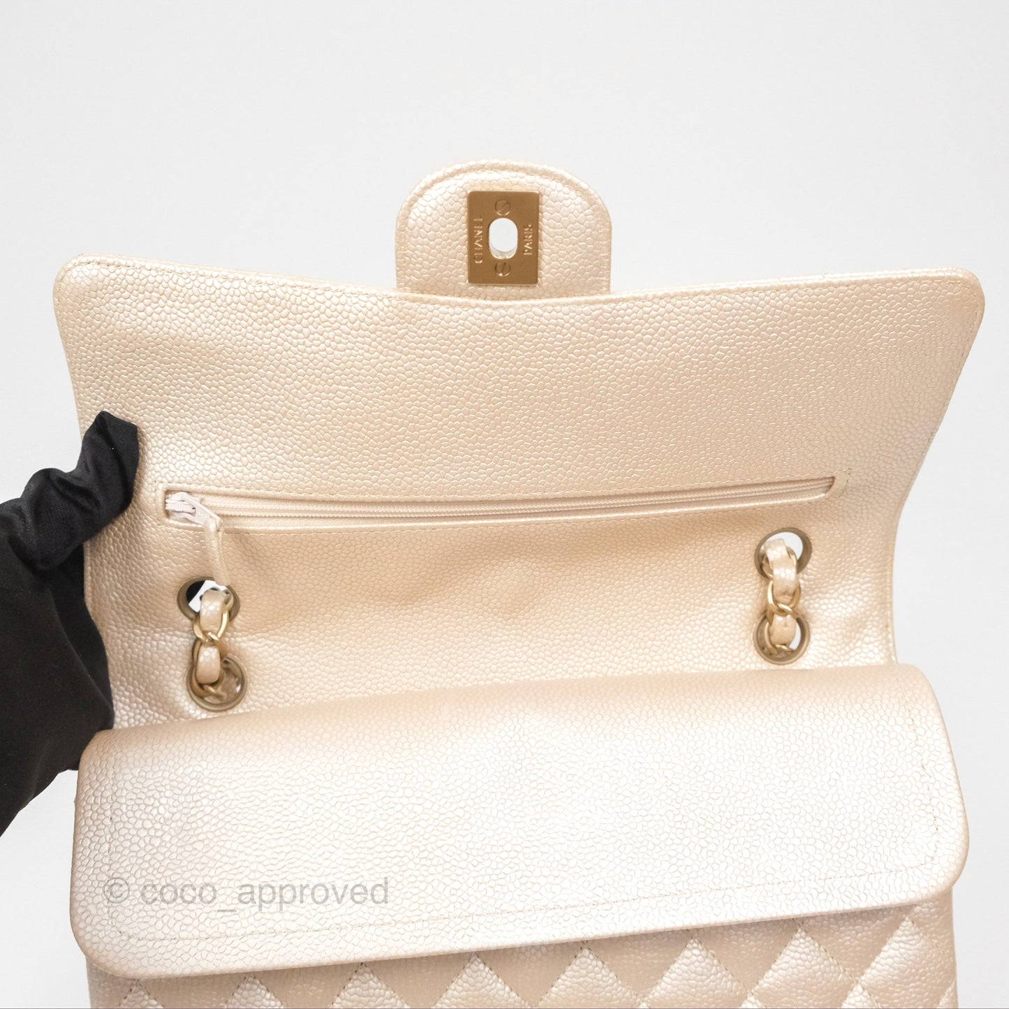Chanel Classic M/L Medium Flap Quilted Pearly Ivory Beige Caviar Matte Gold Hardware 12P