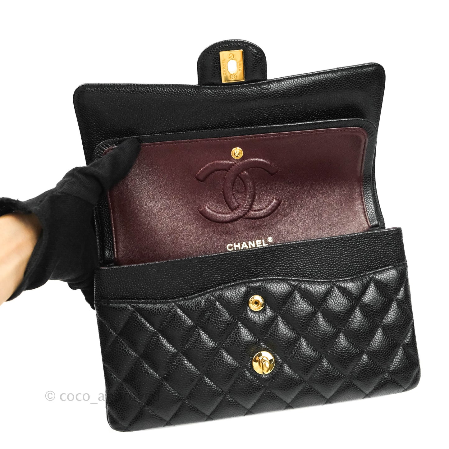 Chanel Quilted M/L Medium Double Flap Black Caviar Gold Hardware