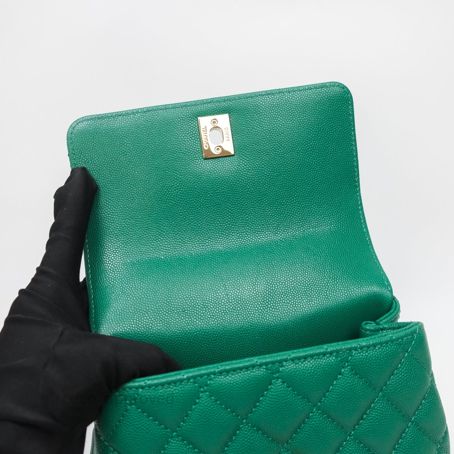 Chanel Mini Coco Handle Quilted Green Caviar Gold Hardware