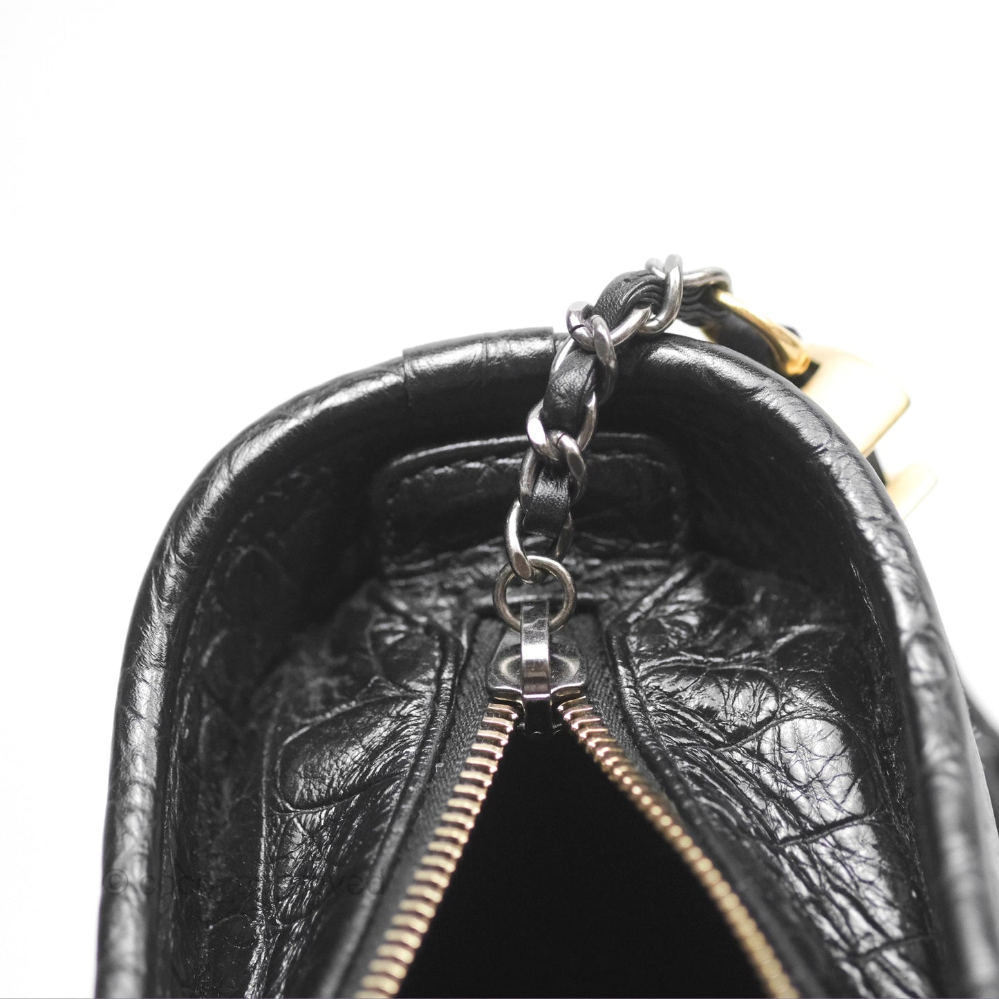 Chanel Small Gabrielle Hobo with Logo Handle Quilted Black Croc Embossed Calfskin