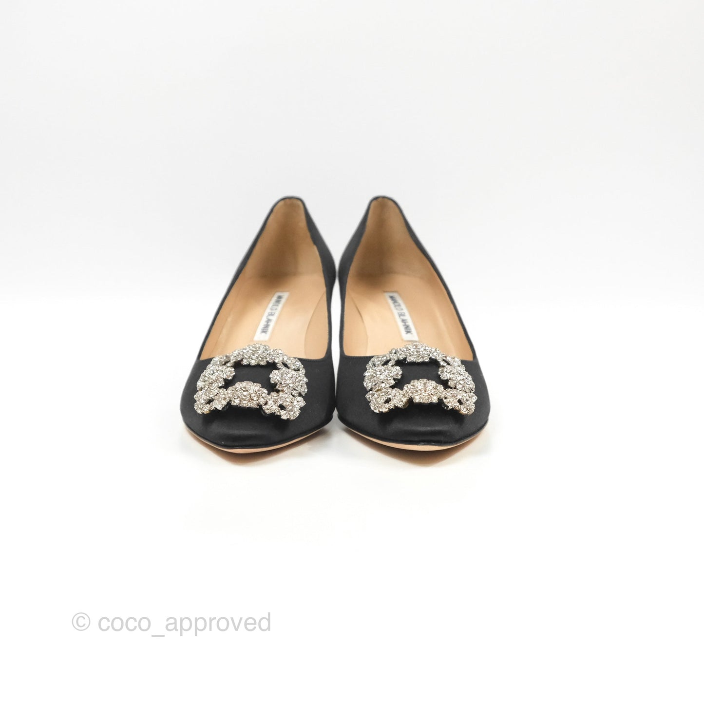 Manolo Blahnik Black Satin Hangisi Jewel Buckle Pumps Size 36.5