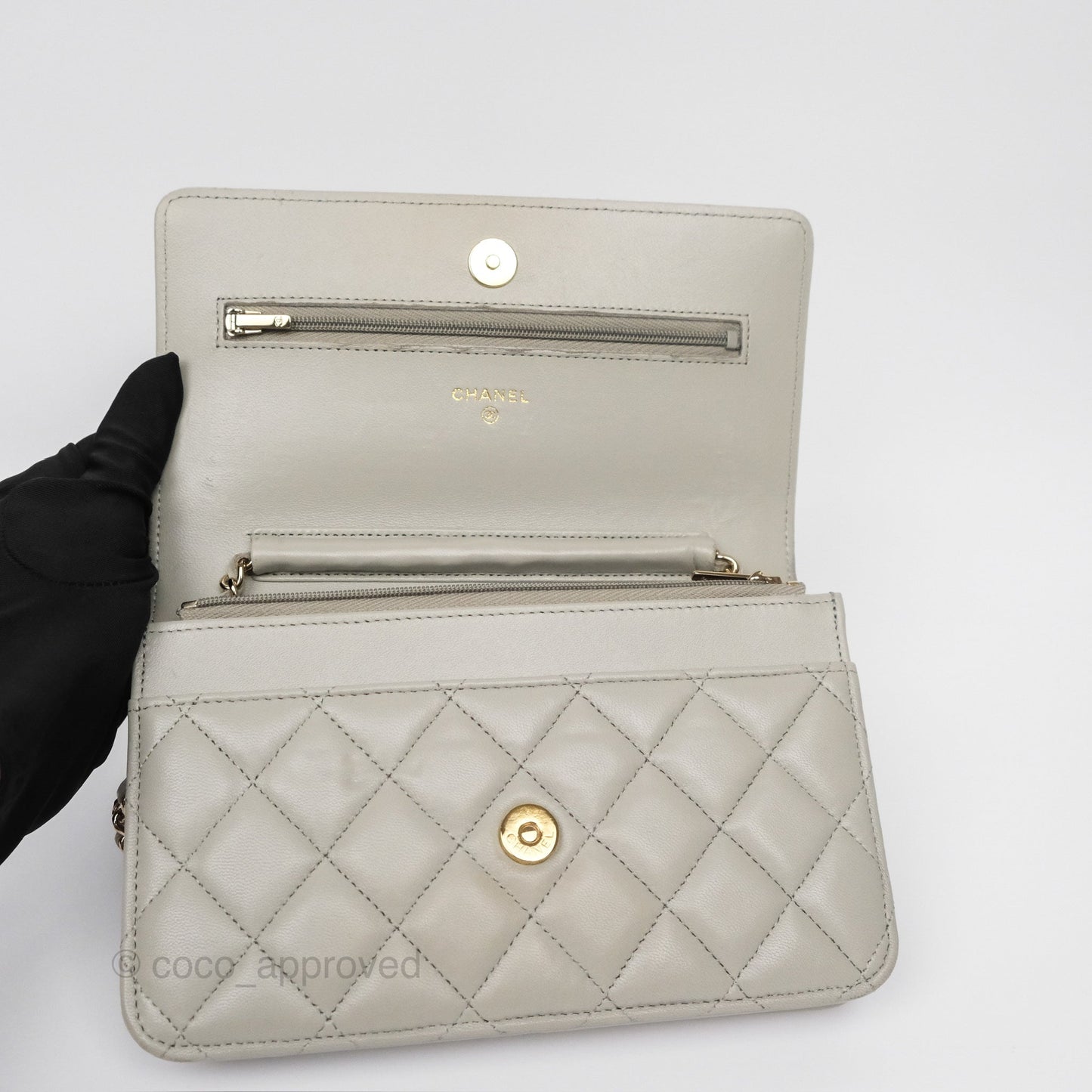 Chanel Classic Quilted Wallet on Chain WOC Light Grey Lambskin Gold Hardware