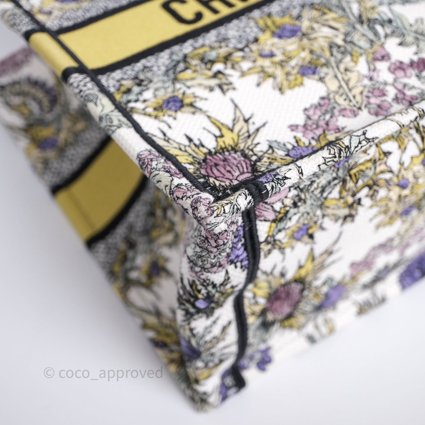 Christian Dior Medium (Old Small) Book Tote Latte Embroidery with Yellow Multicolor Dior Chardons Motif