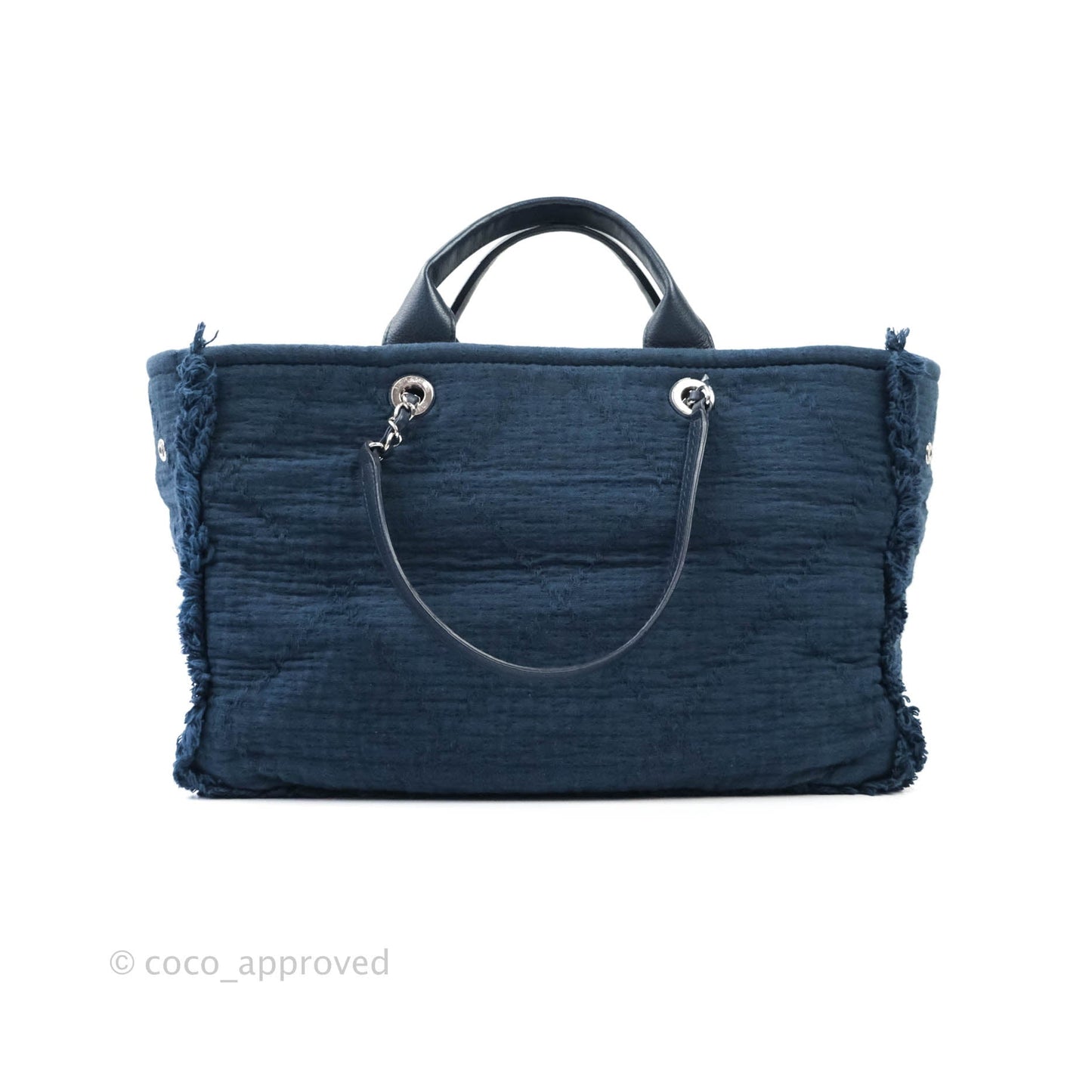 Chanel Large Fabric Navy Blue Shopping Bag Silver Hardware