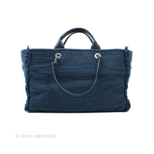 Chanel Large Fabric Navy Blue Shopping Bag Silver Hardware